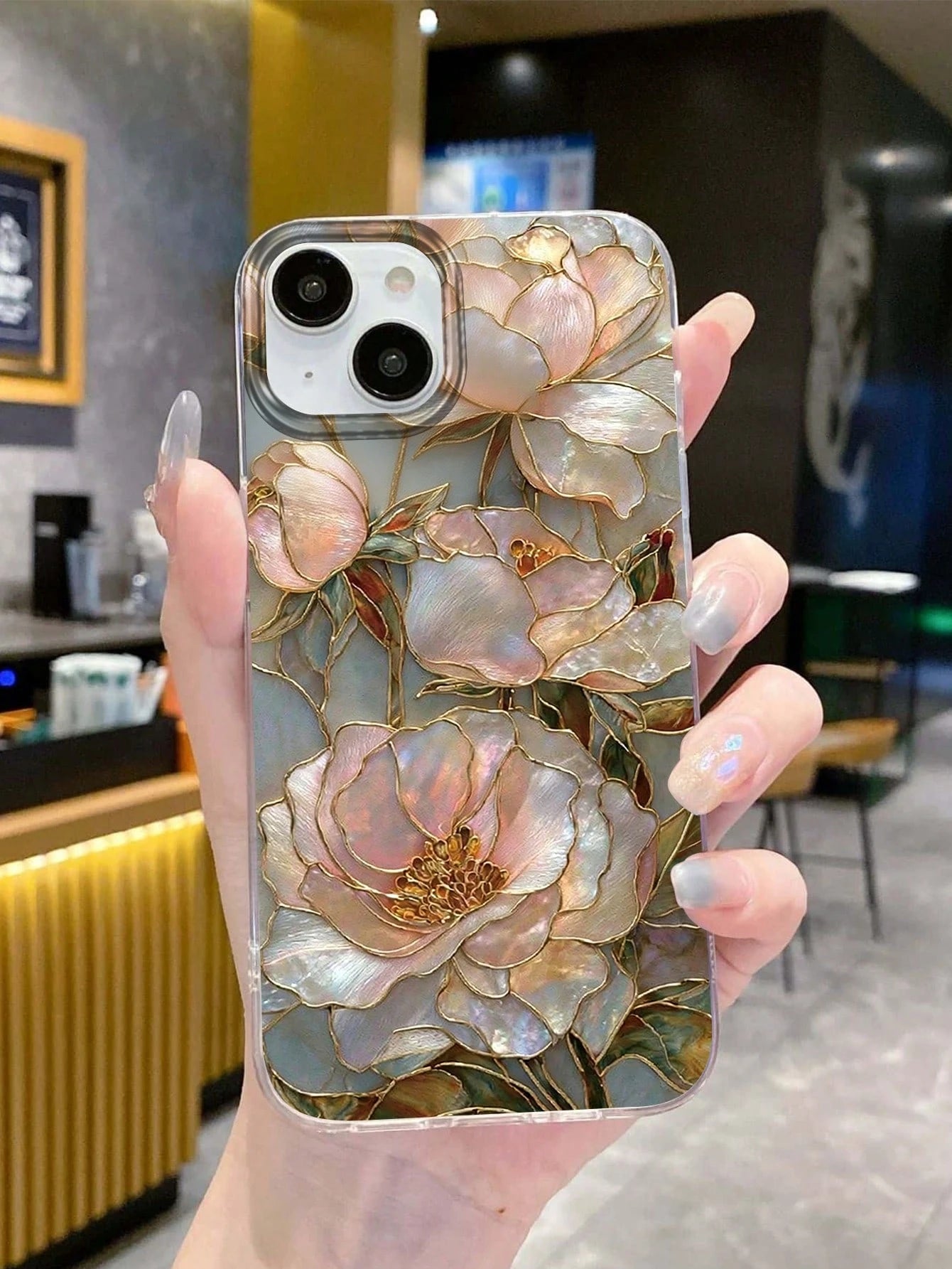 Iridescent 2D Printed Shell-Pearl Peony Print Transparent Tulle Back Film Phone Case, Light Luxury Enamel Floral Atmosphere Shockproof Protective Cover, Compatible With IPhone 13/11/17/17 Pro/16/14/15