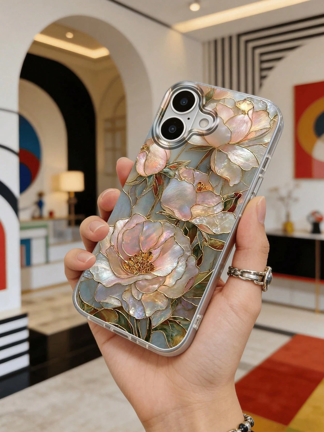 Iridescent 2D Printed Shell-Pearl Peony Print Transparent Tulle Back Film Phone Case, Light Luxury Enamel Floral Atmosphere Shockproof Protective Cover, Compatible With IPhone 13/11/17/17 Pro/16/14/15