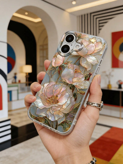 Iridescent 2D Printed Shell-Pearl Peony Print Transparent Tulle Back Film Phone Case, Light Luxury Enamel Floral Atmosphere Shockproof Protective Cover, Compatible With IPhone 13/11/17/17 Pro/16/14/15