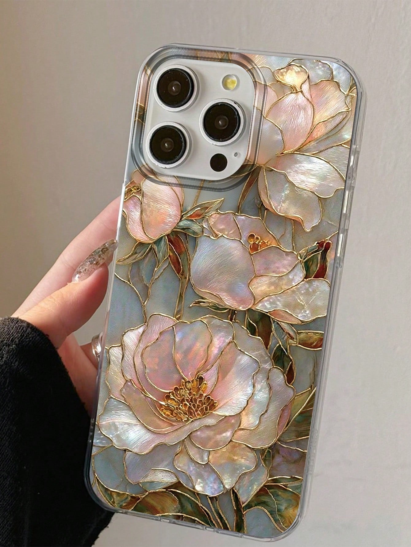 Iridescent 2D Printed Shell-Pearl Peony Print Transparent Tulle Back Film Phone Case, Light Luxury Enamel Floral Atmosphere Shockproof Protective Cover, Compatible With IPhone 13/11/17/17 Pro/16/14/15