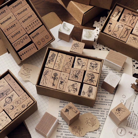 JotBox Vintage Wooden Stamp Set For Girls, Finger-Sized Text, Time, Week, Journal Decoration Material Stamps