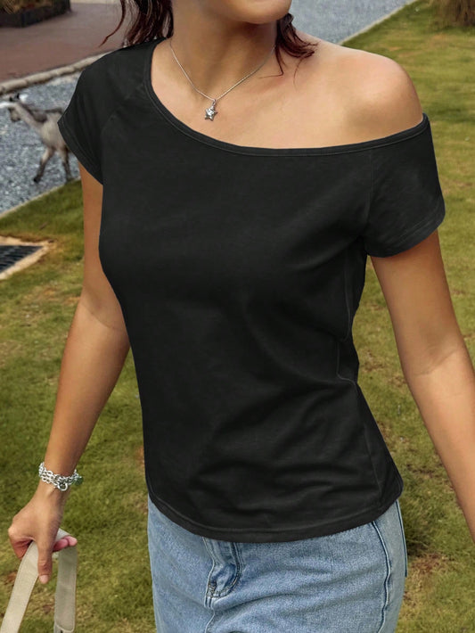 Jouncy Women's Casual Versatile Solid Color Asymmetric Collar T-Shirt, Summer