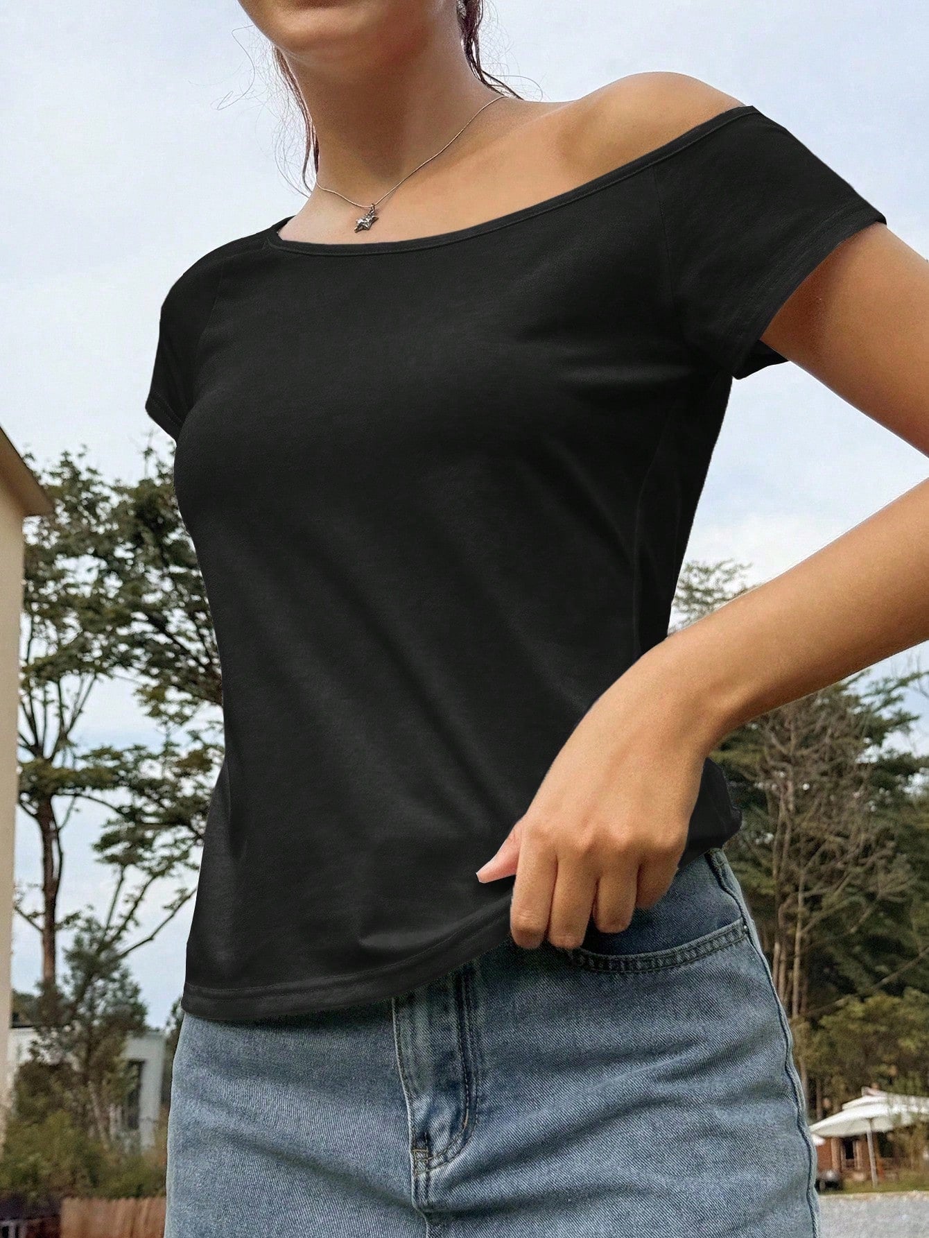 Jouncy Women's Casual Versatile Solid Color Asymmetric Collar T-Shirt, Summer