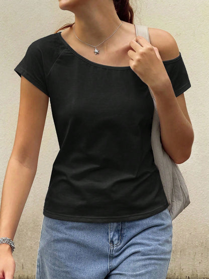 Jouncy Women's Casual Versatile Solid Color Asymmetric Collar T-Shirt, Summer