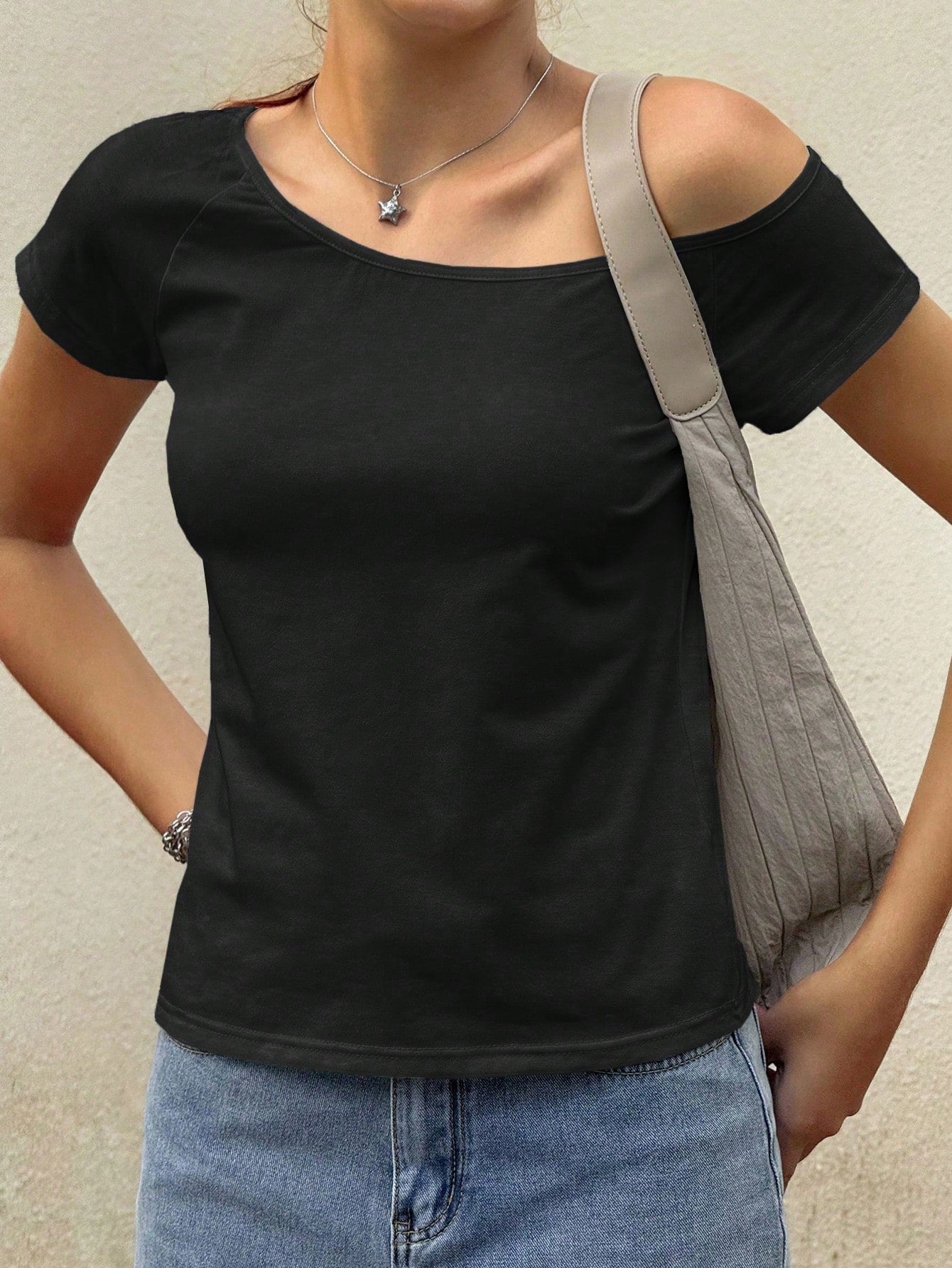 Jouncy Women's Casual Versatile Solid Color Asymmetric Collar T-Shirt, Summer