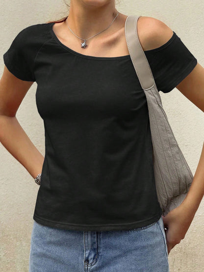 Jouncy Women's Casual Versatile Solid Color Asymmetric Collar T-Shirt, Summer