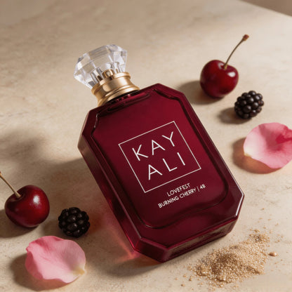 KAYALI 48 Lovefest Burning Cherry 48 Eau De Parfum For Women – Long Lasting Cherry Raspberry Woody Perfume, Palo Santo, Patchouli & Sweet Warm Fragrance Spray, 3.4 Oz/ 100ml Wine Red Transparent Bott