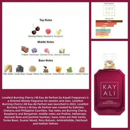 KAYALI 48 Lovefest Burning Cherry 48 Eau De Parfum For Women – Long Lasting Cherry Raspberry Woody Perfume, Palo Santo, Patchouli & Sweet Warm Fragrance Spray, 3.4 Oz/ 100ml Wine Red Transparent Bott