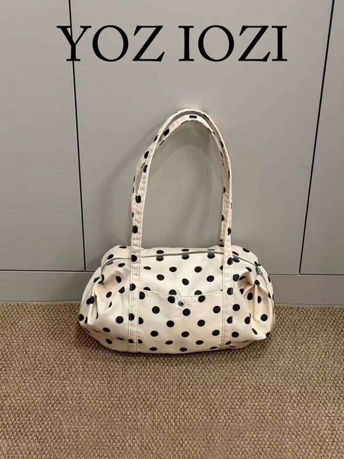 Korean Minimalist Polka Dot Shoulder Bag, Large Capacity Cloth Tote Bag, Ultra-Light Portable For Travel, Commute, Outdoor, Daily Shopping, Polka Dot