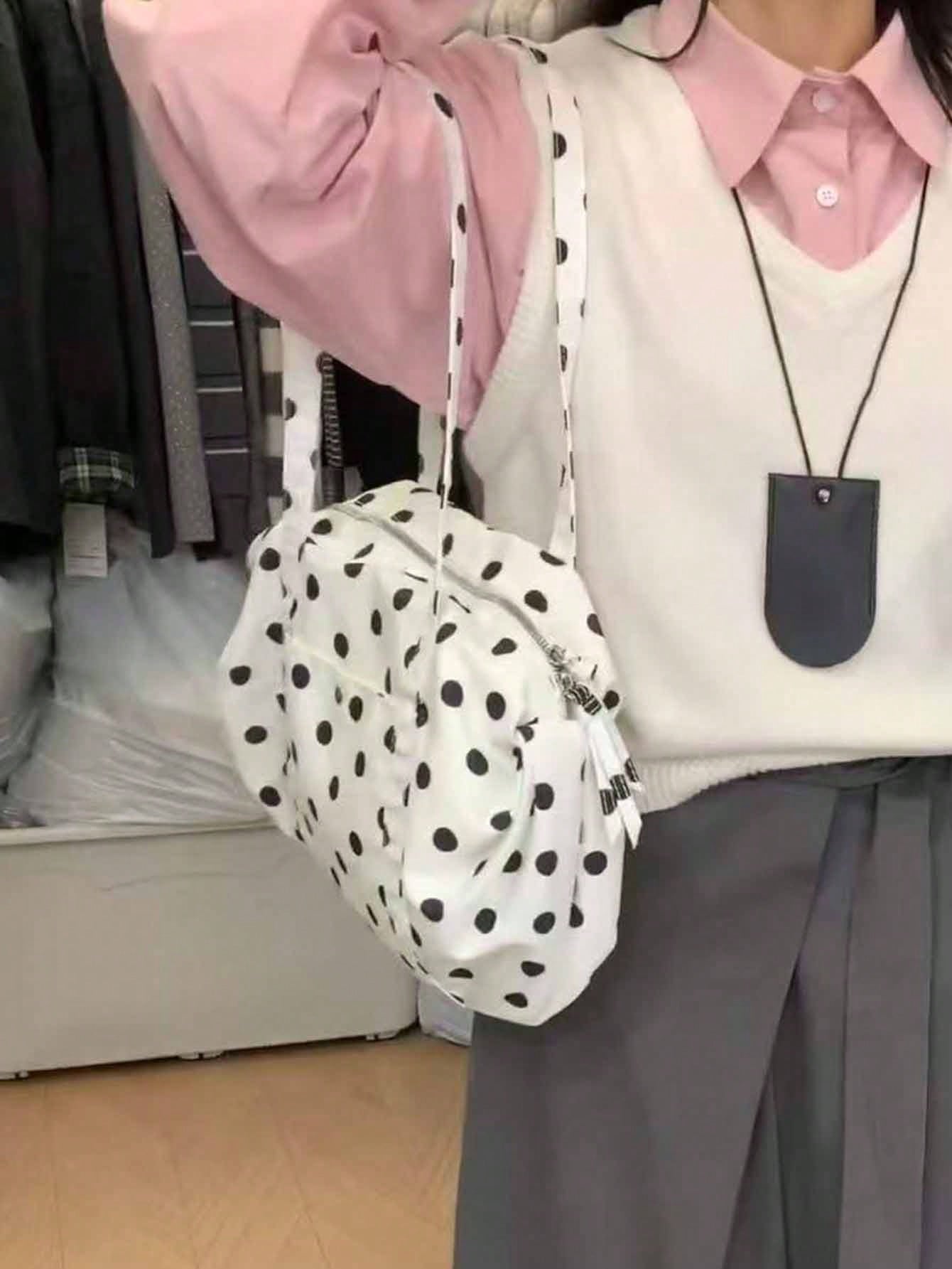 Korean Minimalist Polka Dot Shoulder Bag, Large Capacity Cloth Tote Bag, Ultra-Light Portable For Travel, Commute, Outdoor, Daily Shopping, Polka Dot