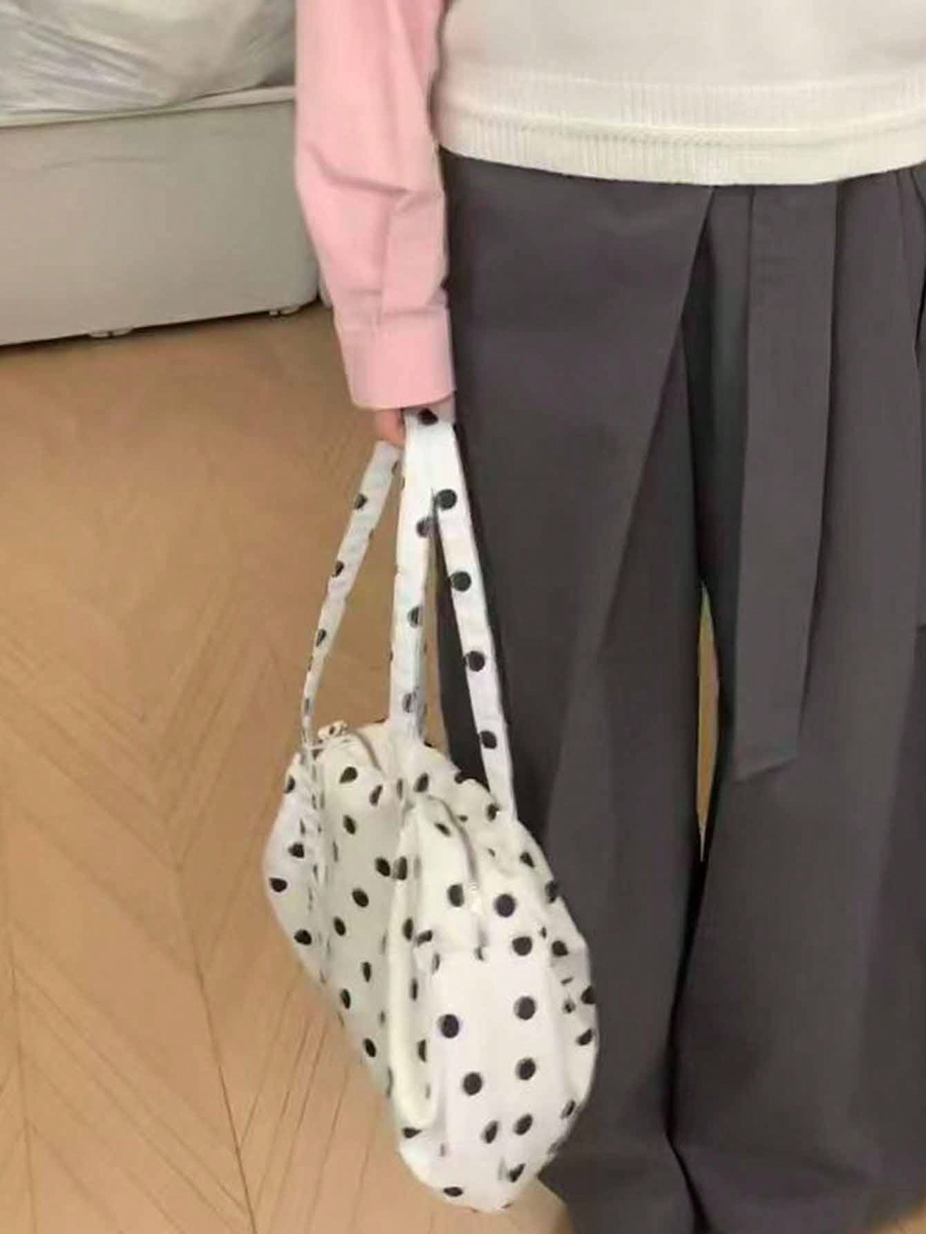 Korean Minimalist Polka Dot Shoulder Bag, Large Capacity Cloth Tote Bag, Ultra-Light Portable For Travel, Commute, Outdoor, Daily Shopping, Polka Dot