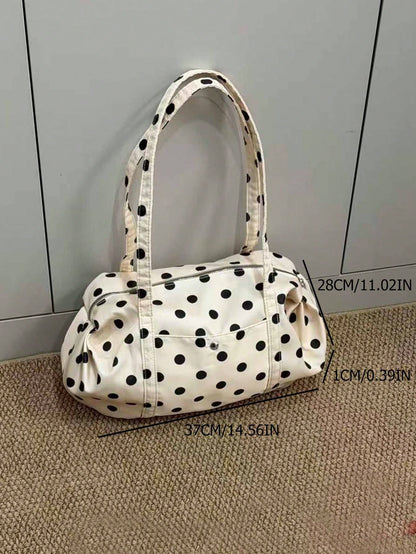 Korean Minimalist Polka Dot Shoulder Bag, Large Capacity Cloth Tote Bag, Ultra-Light Portable For Travel, Commute, Outdoor, Daily Shopping, Polka Dot