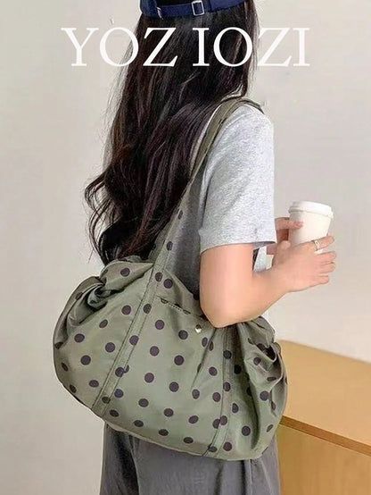 Korean Minimalist Polka Dot Shoulder Bag, Large Capacity Cloth Tote Bag, Ultra-Light Portable For Travel, Commute, Outdoor, Daily Shopping, Polka Dot