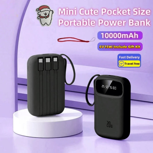 LADAPU Cute 10000mAh Mini 5V3A Fast Charging Power Bank Small Size Large Capacity Rechargeable Portable Mobile Phone Charger Built-In 4 Cables Smart Digital Display Micro Interface USB-C Output&Input