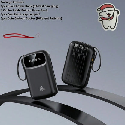 LADAPU Cute 10000mAh Mini 5V3A Fast Charging Power Bank Small Size Large Capacity Rechargeable Portable Mobile Phone Charger Built-In 4 Cables Smart Digital Display Micro Interface USB-C Output&Input