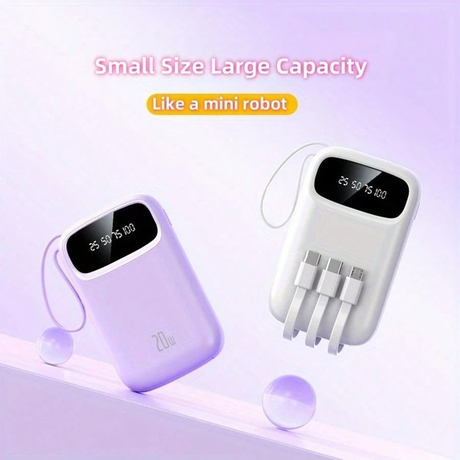 LADAPU Cute 10000mAh Mini 5V3A Fast Charging Power Bank Small Size Large Capacity Rechargeable Portable Mobile Phone Charger Built-In 4 Cables Smart Digital Display Micro Interface USB-C Output&Input