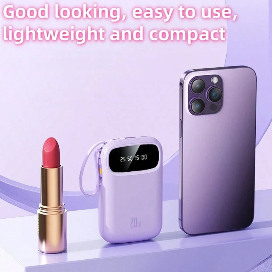 LADAPU Cute 10000mAh Mini 5V3A Fast Charging Power Bank Small Size Large Capacity Rechargeable Portable Mobile Phone Charger Built-In 4 Cables Smart Digital Display Micro Interface USB-C Output&Input