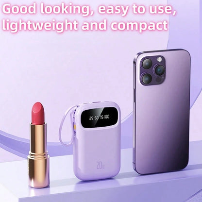 LADAPU Cute 10000mAh Mini 5V3A Fast Charging Power Bank Small Size Large Capacity Rechargeable Portable Mobile Phone Charger Built-In 4 Cables Smart Digital Display Micro Interface USB-C Output&Input