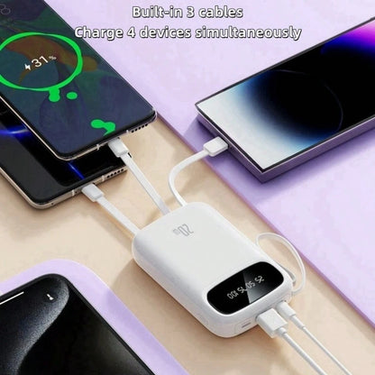 LADAPU Cute 10000mAh Mini 5V3A Fast Charging Power Bank Small Size Large Capacity Rechargeable Portable Mobile Phone Charger Built-In 4 Cables Smart Digital Display Micro Interface USB-C Output&Input