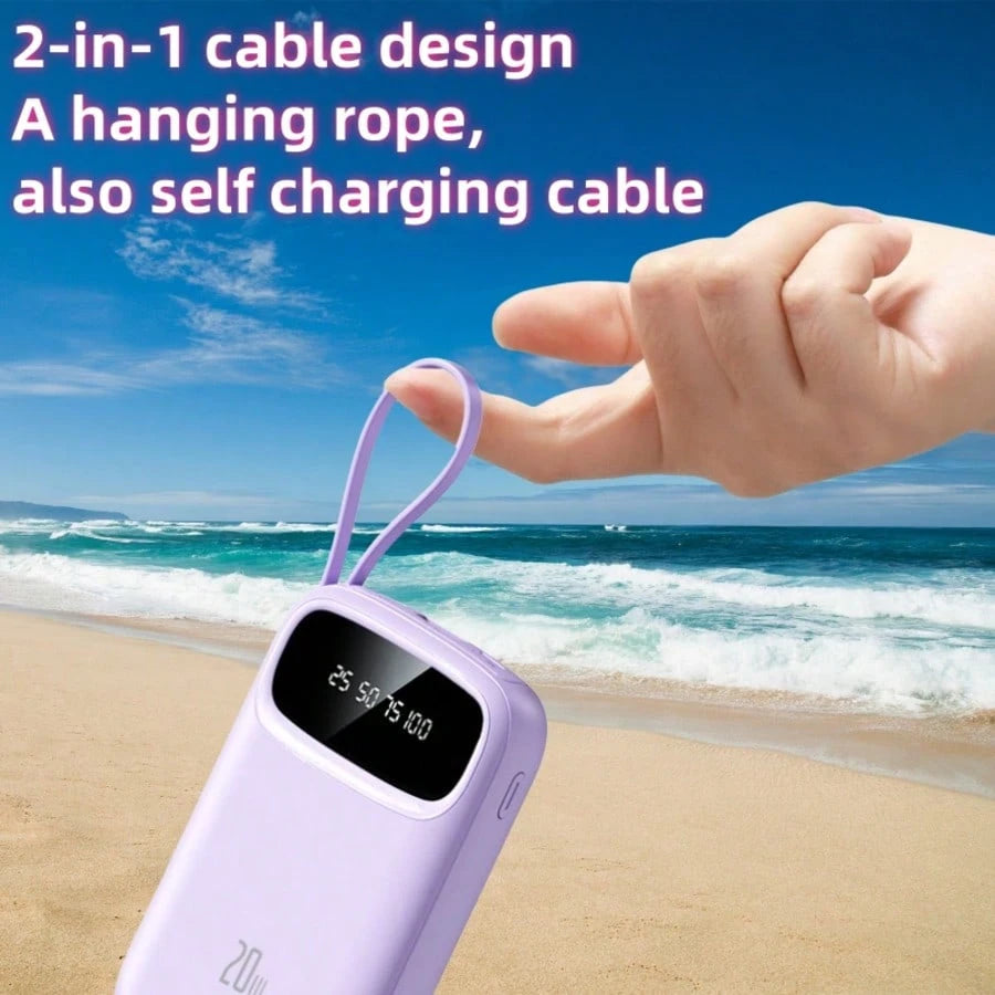 LADAPU Cute 10000mAh Mini 5V3A Fast Charging Power Bank Small Size Large Capacity Rechargeable Portable Mobile Phone Charger Built-In 4 Cables Smart Digital Display Micro Interface USB-C Output&Input
