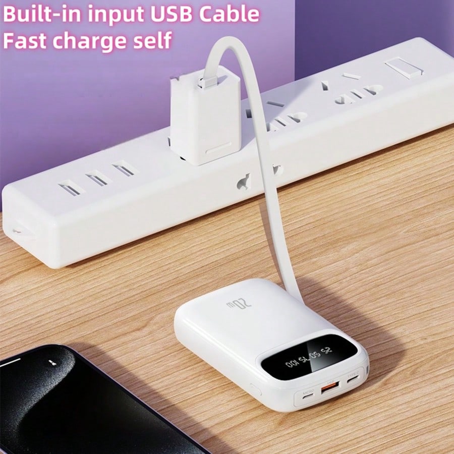 LADAPU Cute 10000mAh Mini 5V3A Fast Charging Power Bank Small Size Large Capacity Rechargeable Portable Mobile Phone Charger Built-In 4 Cables Smart Digital Display Micro Interface USB-C Output&Input