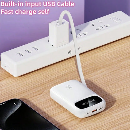 LADAPU Cute 10000mAh Mini 5V3A Fast Charging Power Bank Small Size Large Capacity Rechargeable Portable Mobile Phone Charger Built-In 4 Cables Smart Digital Display Micro Interface USB-C Output&Input
