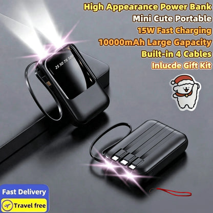 LADAPU This Mini Portable Power Bank Features A 10000mAh Capacity With A Built-In 4-In-1 Multifunction Cable.Mini Powerbank,Small Size, Big Power! Supporting 15W Fast Charging, It's Compact, Perfect