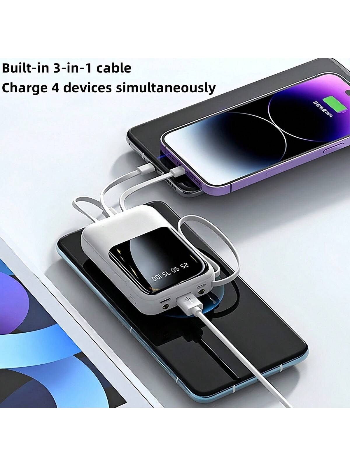 LADAPU This Mini Portable Power Bank Features A 10000mAh Capacity With A Built-In 4-In-1 Multifunction Cable.Mini Powerbank,Small Size, Big Power! Supporting 15W Fast Charging, It's Compact, Perfect