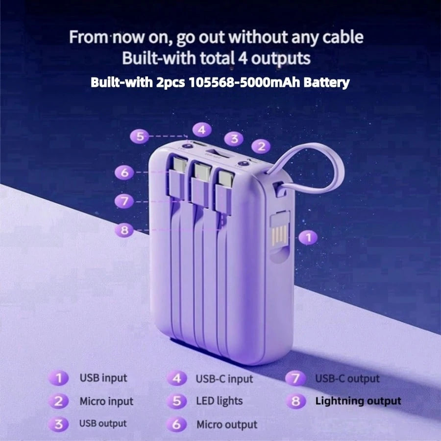 LADAPU This Mini Portable Power Bank Features A 10000mAh Capacity With A Built-In 4-In-1 Multifunction Cable.Mini Powerbank,Small Size, Big Power! Supporting 15W Fast Charging, It's Compact, Perfect