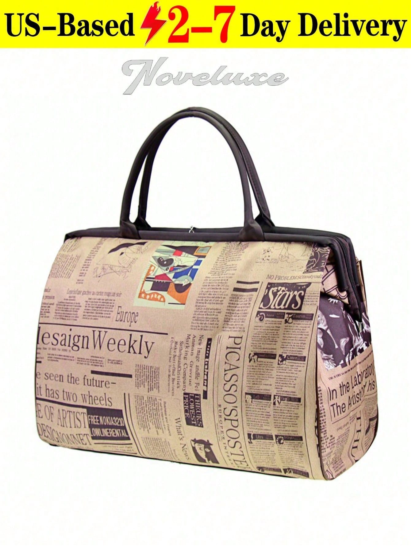 Ladies' Vintage Newspaper Print Canvas Handbag High-Quality Check Pattern Fixed Shoulder Strap Zipper Closure And Polyester Lining Large-Capacity Tote