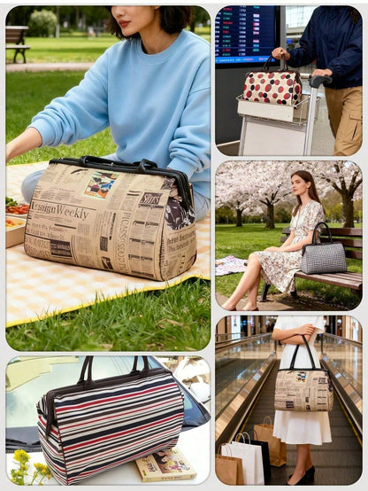 Ladies' Vintage Newspaper Print Canvas Handbag High-Quality Check Pattern Fixed Shoulder Strap Zipper Closure And Polyester Lining Large-Capacity Tote