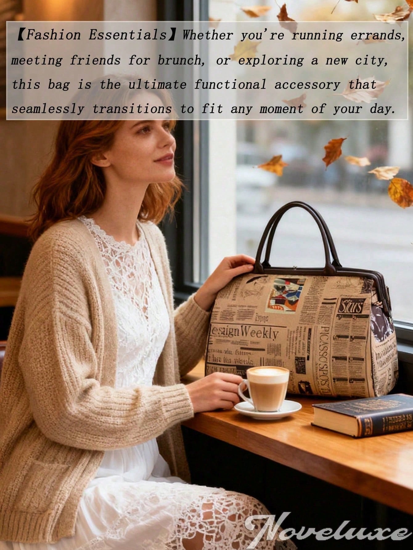 Ladies' Vintage Newspaper Print Canvas Handbag High-Quality Check Pattern Fixed Shoulder Strap Zipper Closure And Polyester Lining Large-Capacity Tote
