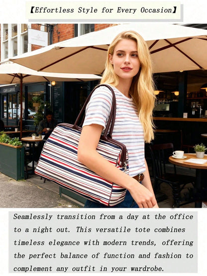 Ladies' Vintage Newspaper Print Canvas Handbag High-Quality Check Pattern Fixed Shoulder Strap Zipper Closure And Polyester Lining Large-Capacity Tote