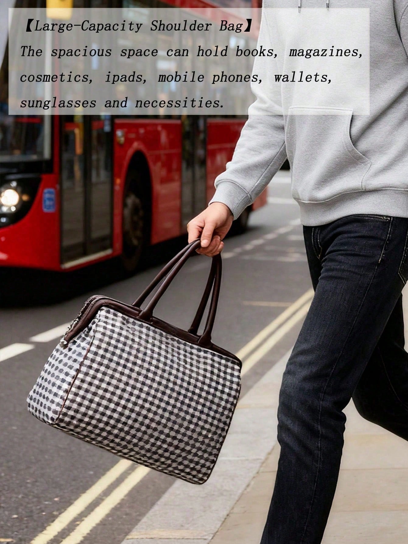 Ladies' Vintage Newspaper Print Canvas Handbag High-Quality Check Pattern Fixed Shoulder Strap Zipper Closure And Polyester Lining Large-Capacity Tote