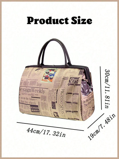 Ladies' Vintage Newspaper Print Canvas Handbag High-Quality Check Pattern Fixed Shoulder Strap Zipper Closure And Polyester Lining Large-Capacity Tote