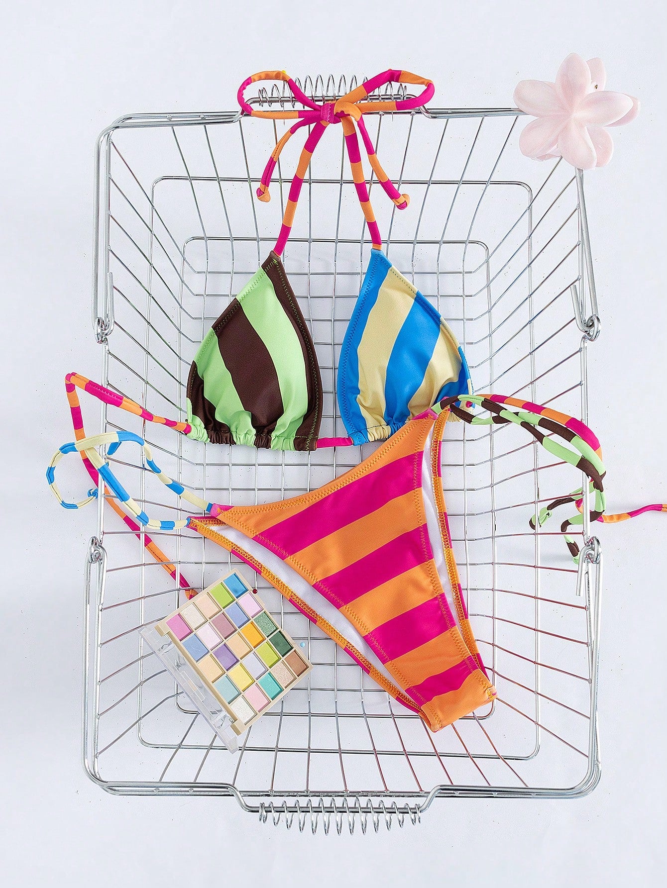 Lady's Stripe Print Halter & Tie-Side 2Pcs Swimsuit: Sexy, Stylish, Simple, Gal, Young – Beach Vacations, Travels & Dating, Spring/Summer New, Vacationcore
