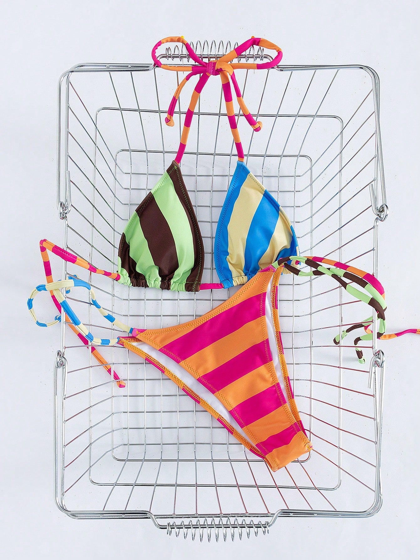 Lady's Stripe Print Halter & Tie-Side 2Pcs Swimsuit: Sexy, Stylish, Simple, Gal, Young – Beach Vacations, Travels & Dating, Spring/Summer New, Vacationcore