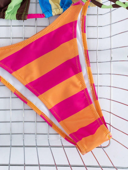 Lady's Stripe Print Halter & Tie-Side 2Pcs Swimsuit: Sexy, Stylish, Simple, Gal, Young – Beach Vacations, Travels & Dating, Spring/Summer New, Vacationcore