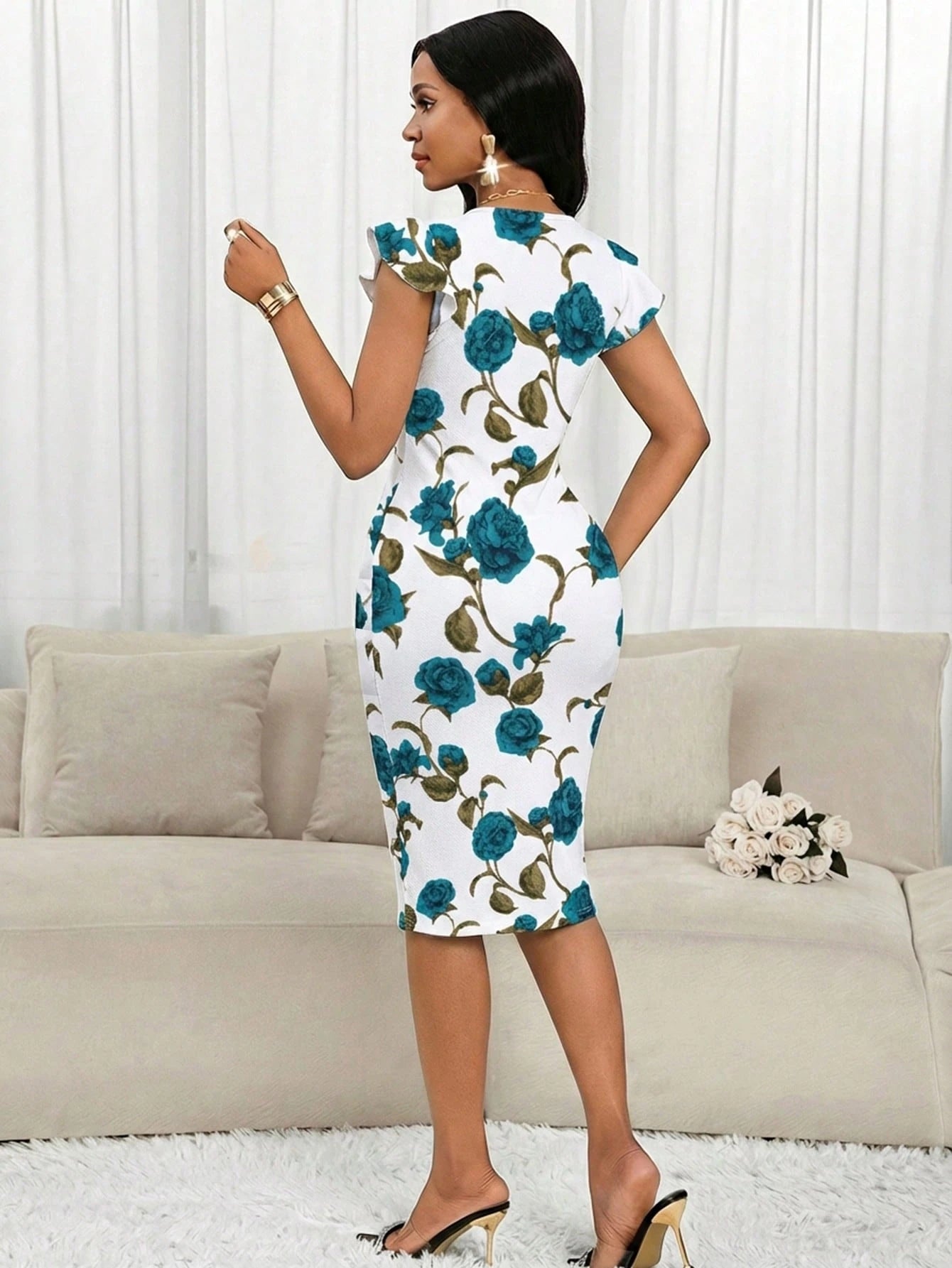 Lady Women's Elegant Floral Print Fitted Mid-Length Dress, Summer Floral Print Dress
