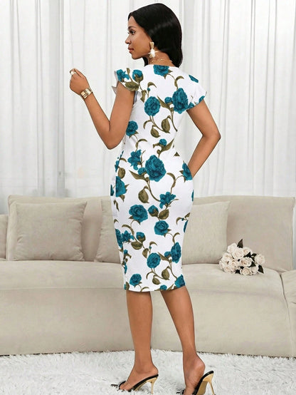 Lady Women's Elegant Floral Print Fitted Mid-Length Dress, Summer Floral Print Dress