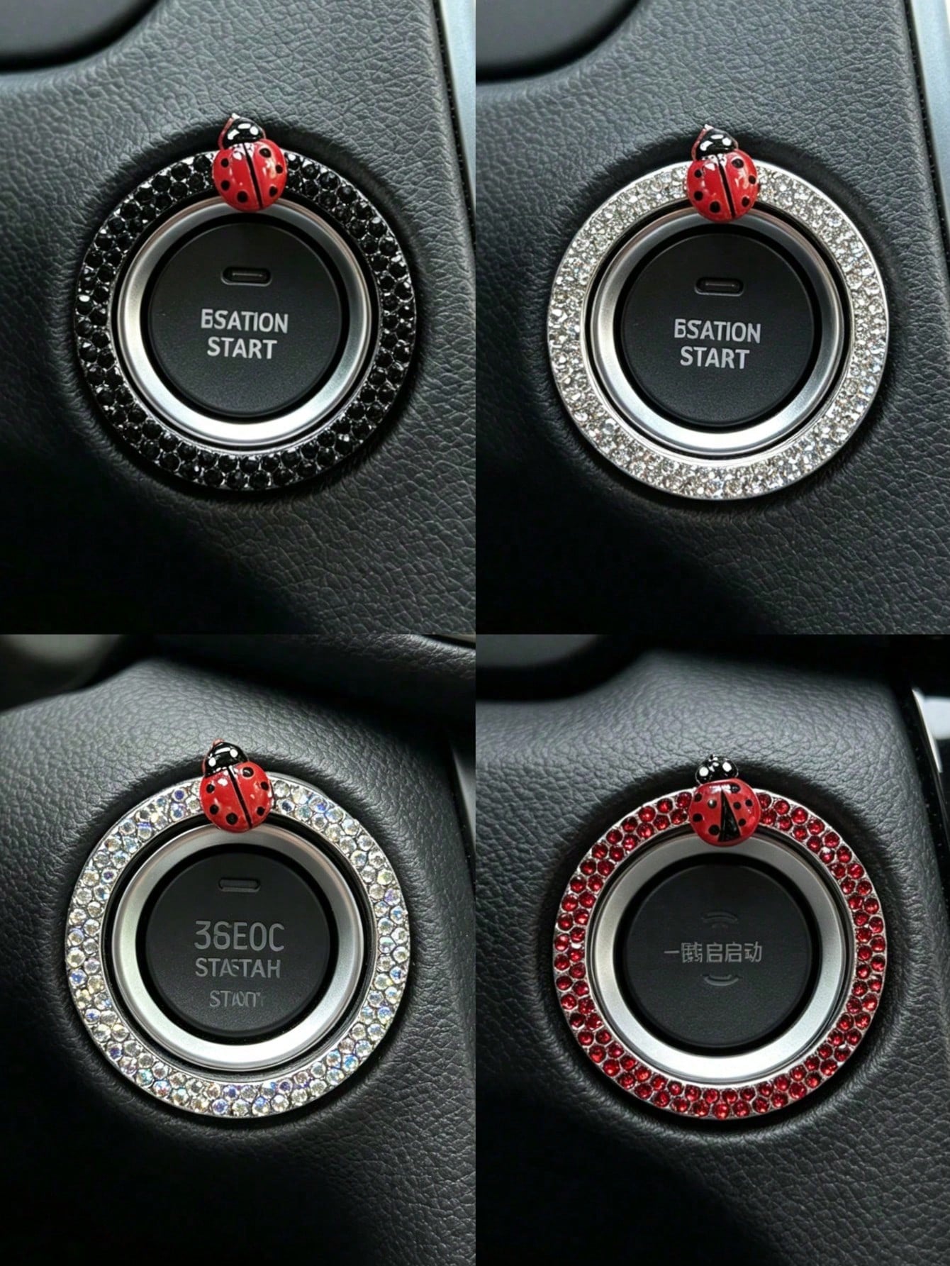 Ladybug Car One-Touch Start Decorative Ring, Rhinestone-Studded Interior Decoration, Universal Ignition Switch Button Decorative Sticker