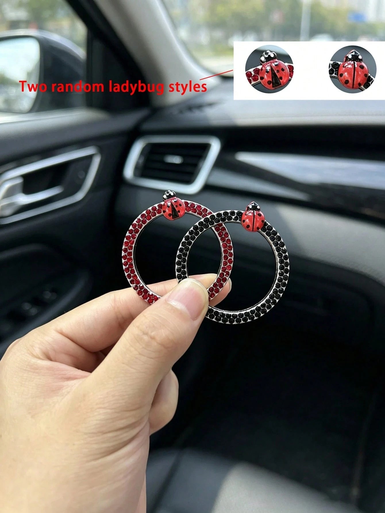 Ladybug Car One-Touch Start Decorative Ring, Rhinestone-Studded Interior Decoration, Universal Ignition Switch Button Decorative Sticker