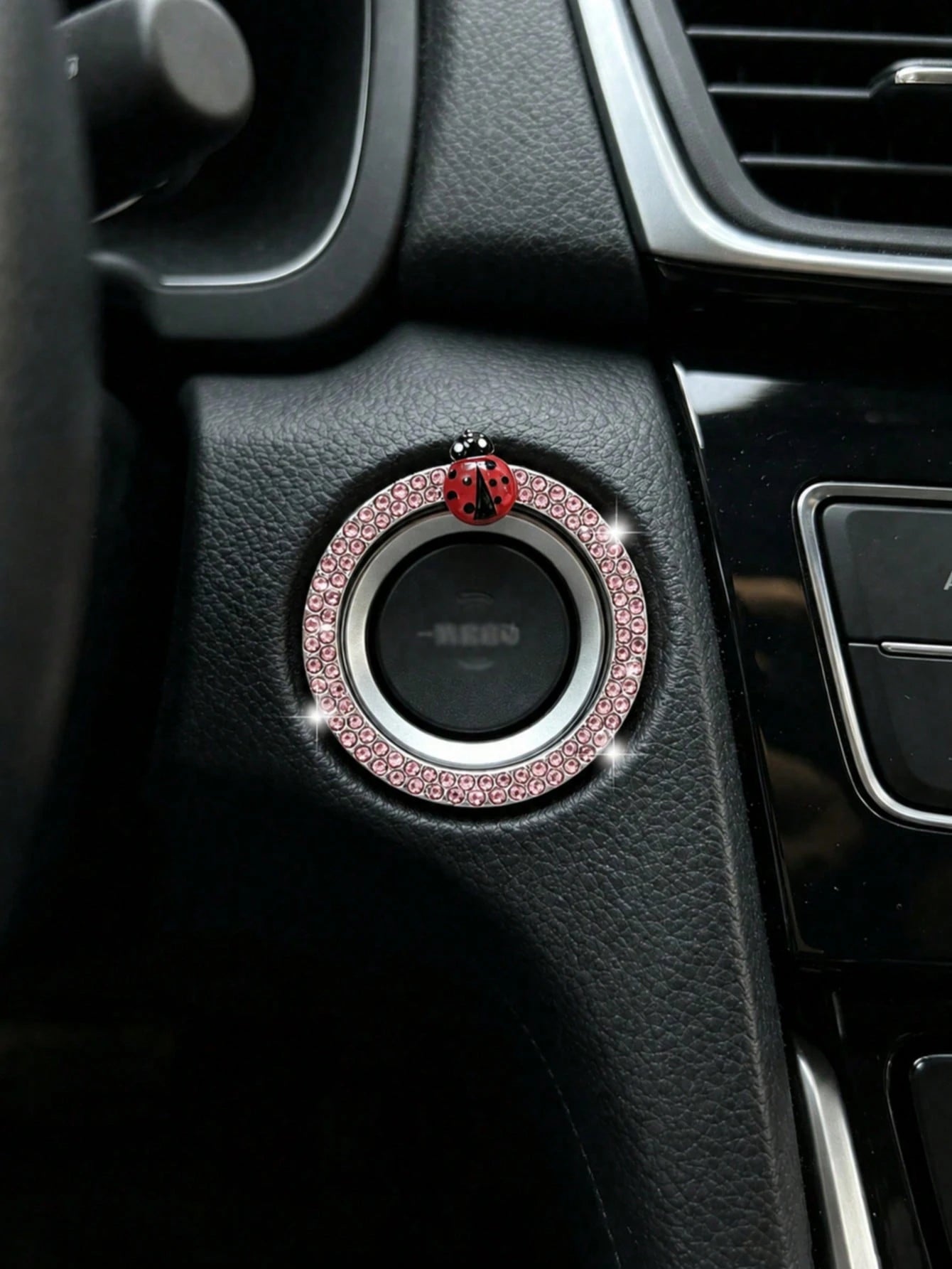 Ladybug Car One-Touch Start Decorative Ring, Rhinestone-Studded Interior Decoration, Universal Ignition Switch Button Decorative Sticker