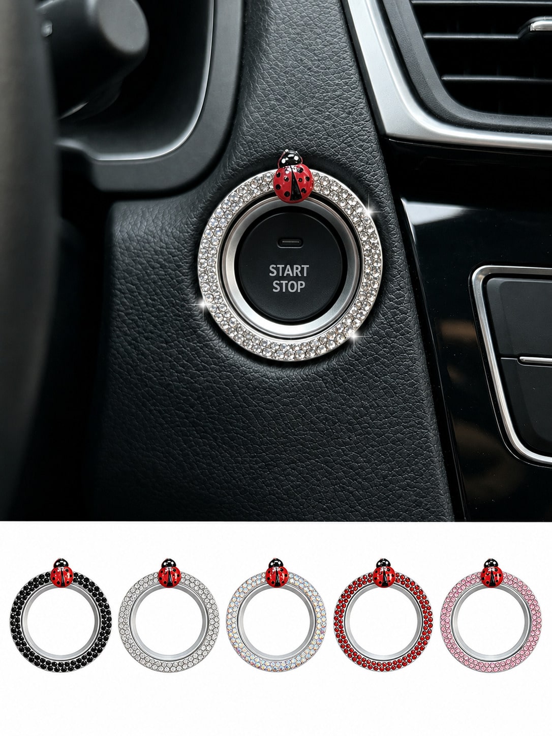 Ladybug Car One-Touch Start Decorative Ring, Rhinestone-Studded Interior Decoration, Universal Ignition Switch Button Decorative Sticker