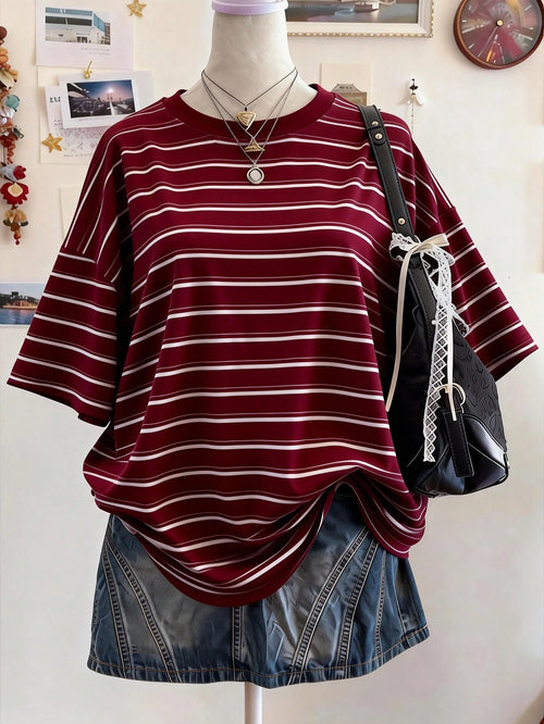 Lalippa Burgundy Striped Digital Print Oversized Casual Mid-Length Round Neck Drop Shoulder Women T-Shirt, A Gift For Friends