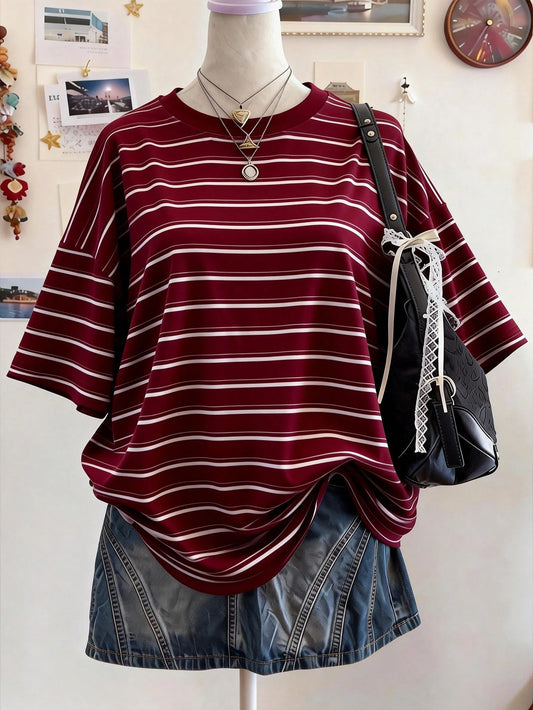 Lalippa Burgundy Striped Digital Print Oversized Casual Mid-Length Round Neck Drop Shoulder Women T-Shirt, A Gift For Friends