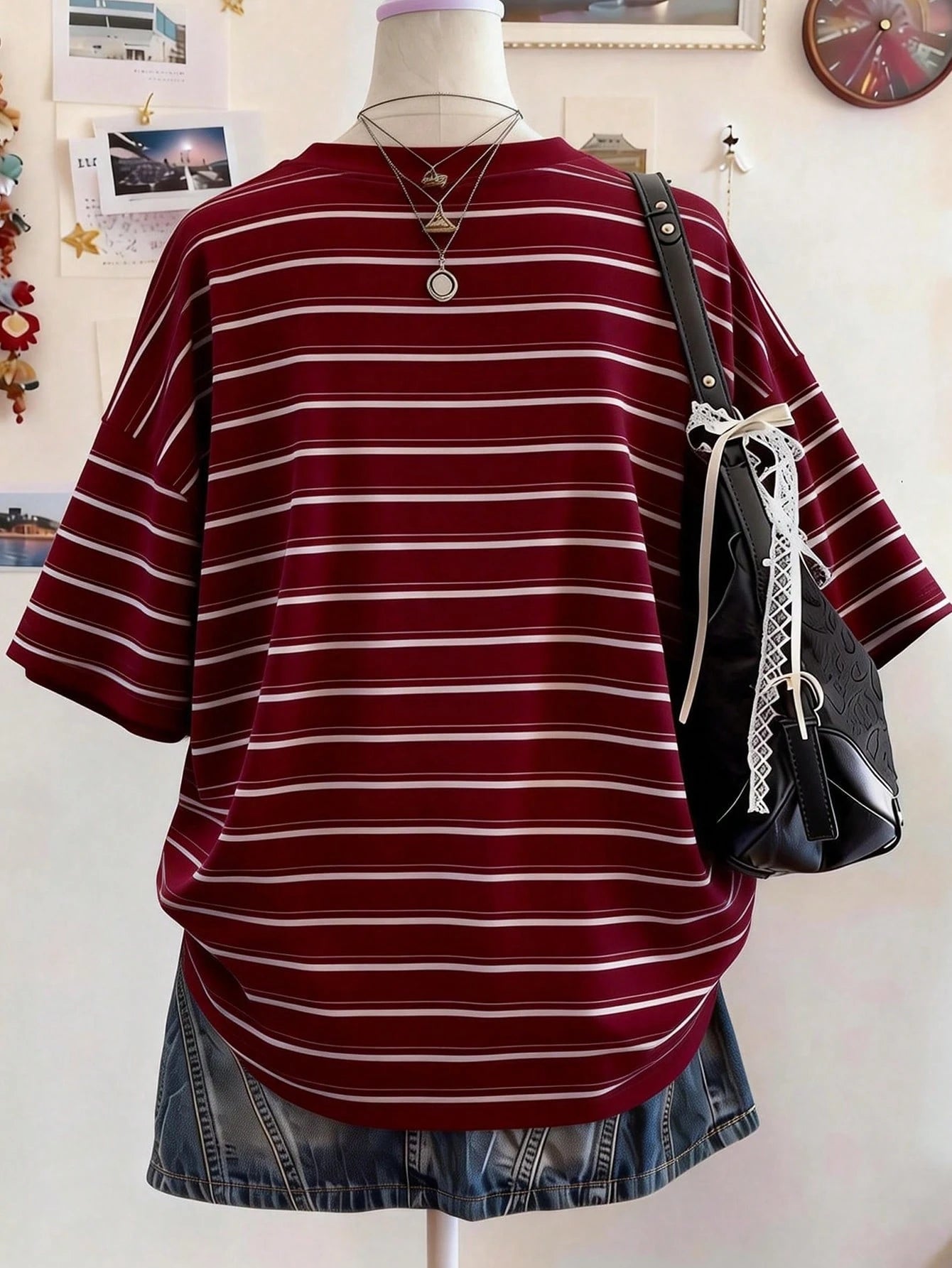 Lalippa Burgundy Striped Digital Print Oversized Casual Mid-Length Round Neck Drop Shoulder Women T-Shirt, A Gift For Friends