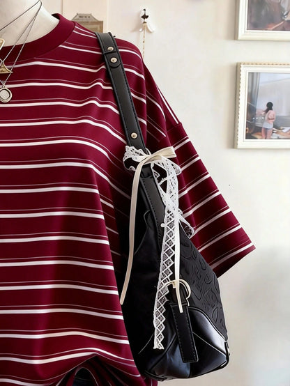 Lalippa Burgundy Striped Digital Print Oversized Casual Mid-Length Round Neck Drop Shoulder Women T-Shirt, A Gift For Friends