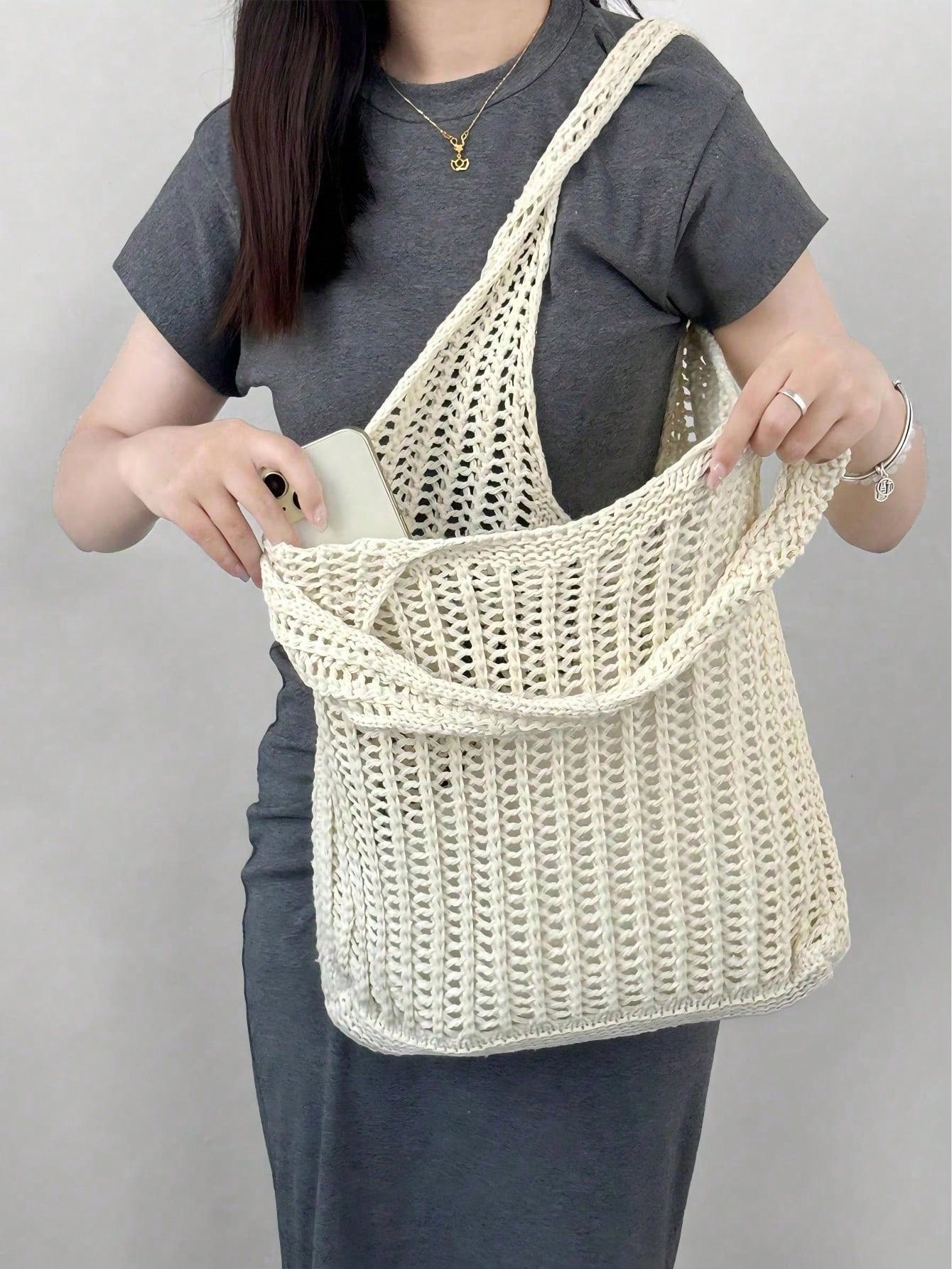 Large Capacity Crochet Shoulder Tote Bag- Lightweight Multifunctional Knitted Handbag, Suitable For Travel, Beach, Vacation And Daily Use