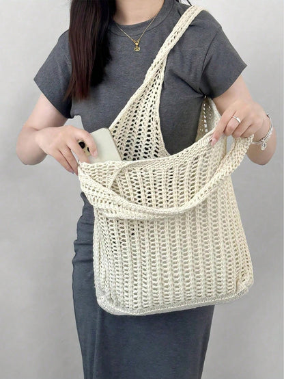 Large Capacity Crochet Shoulder Tote Bag- Lightweight Multifunctional Knitted Handbag, Suitable For Travel, Beach, Vacation And Daily Use